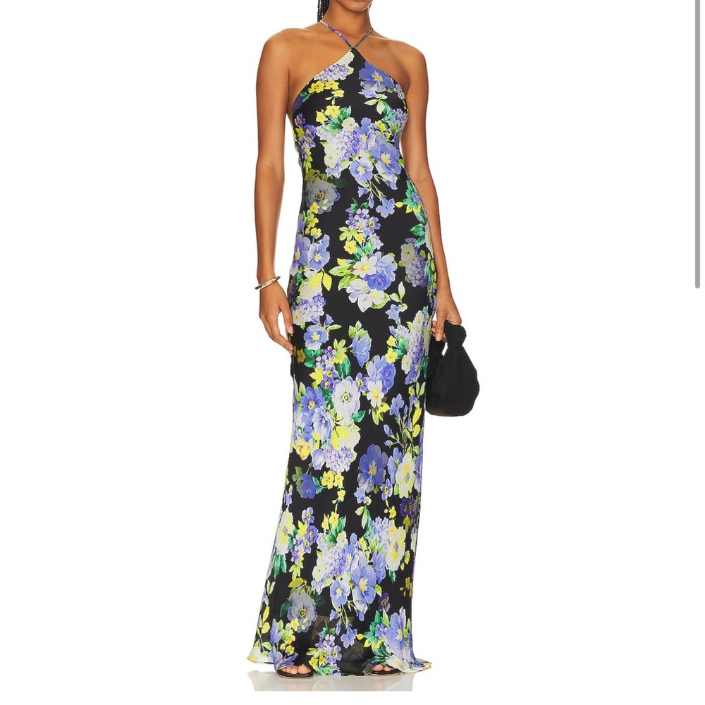 Line & Dot Floral Maxi Dress - Black, Blue, Yellow